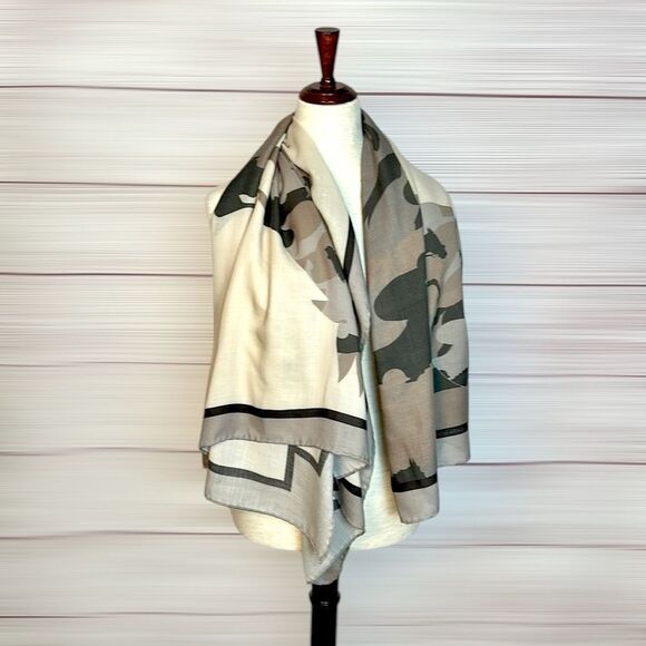 RANI ARABELLA Horse Racing Scarf Shawl Beige Taupe Cashmere Silk Wool ITALY 51” - Picture 4 of 15